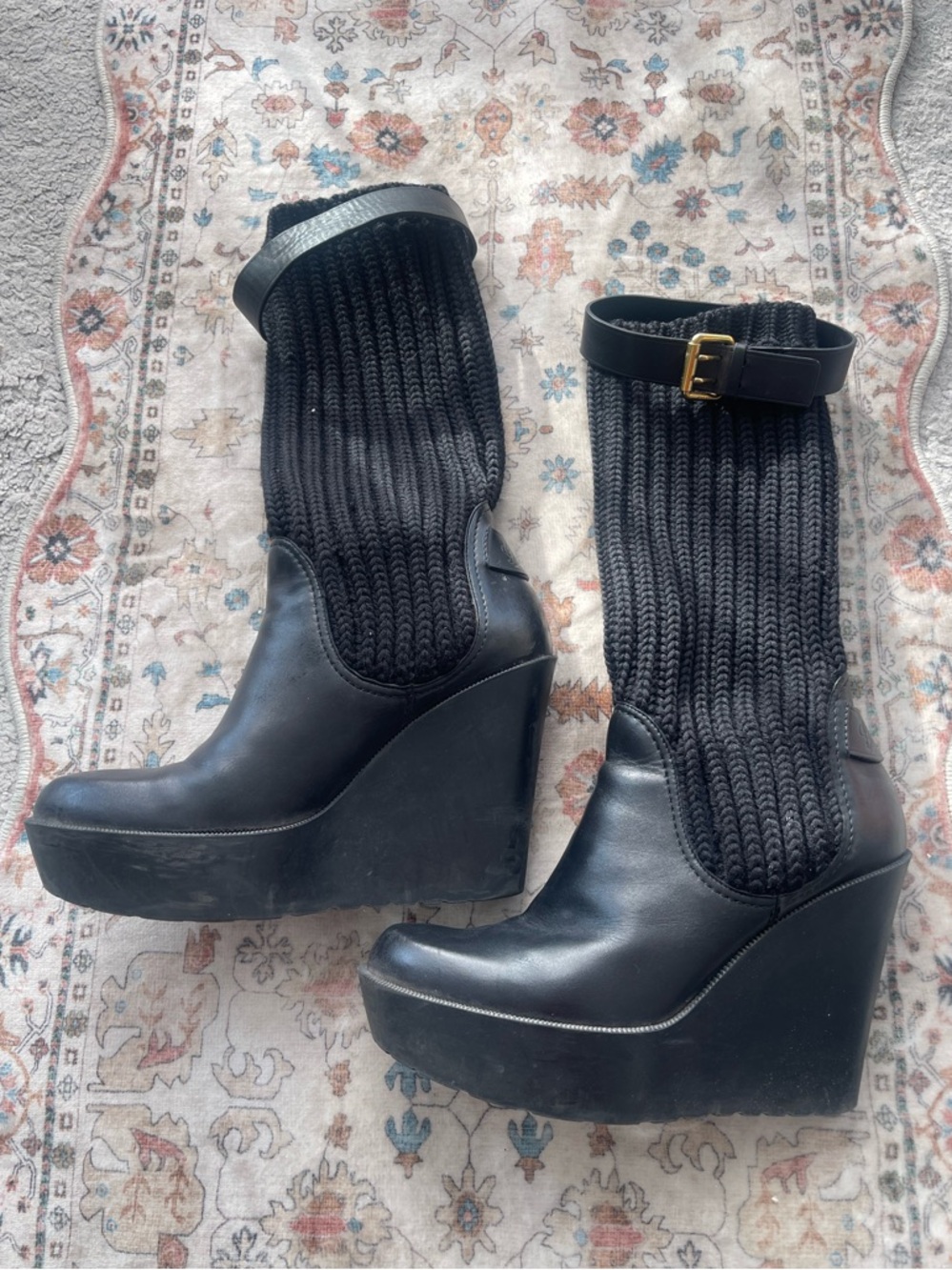 Gucci Black Knit Sock Wedge Boot with Gold Buckle Accent
